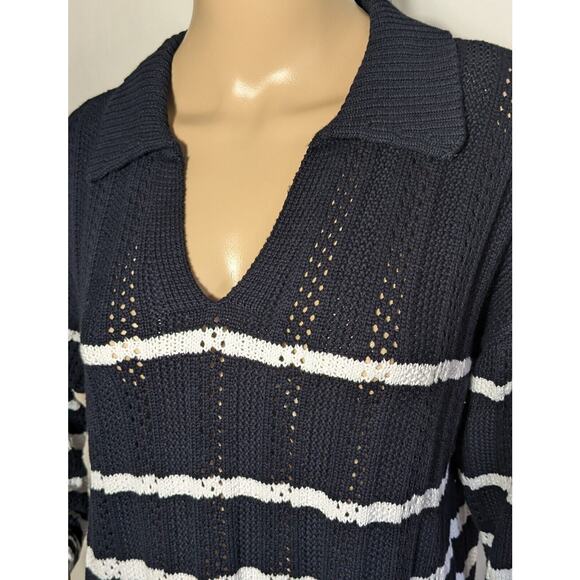 Talbots Women’s Large Johnny Collar Sweater Nautical Navy White Stripe - Picture 3 of 8